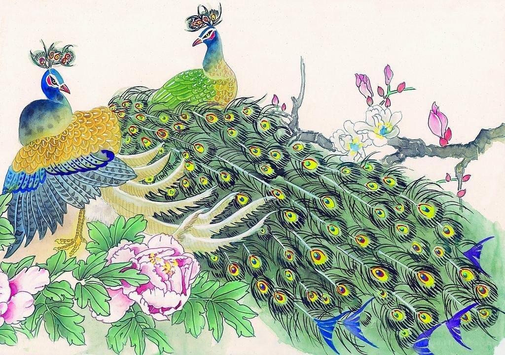 Peacocks with peonies