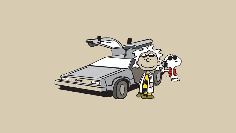 Peanuts characters with DeLorean