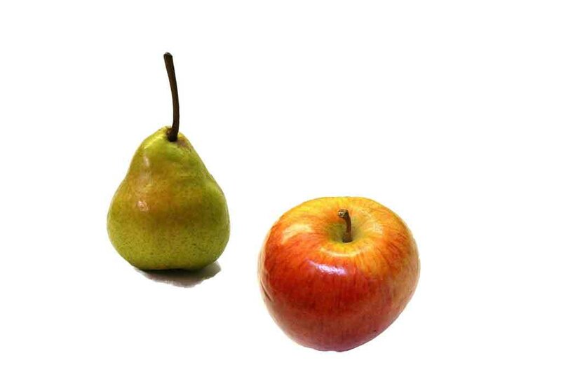 pear and apple on white