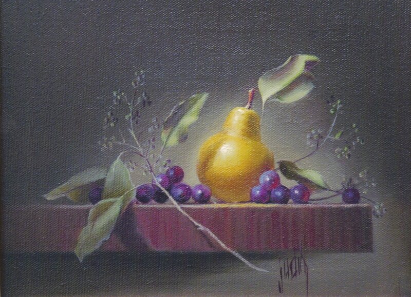 Pear and Grapes on Shelf