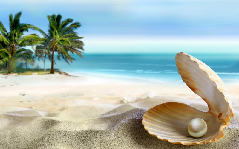 Pearl in Shell on Beach — Blue