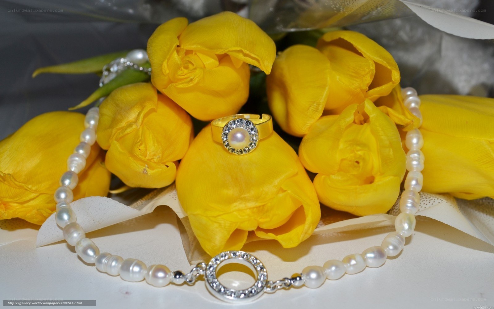 pearl jewelry with yellow roses