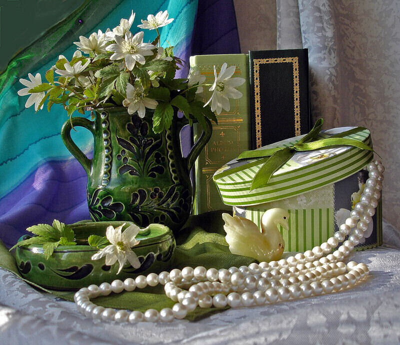 Pearl Necklace and Flowers