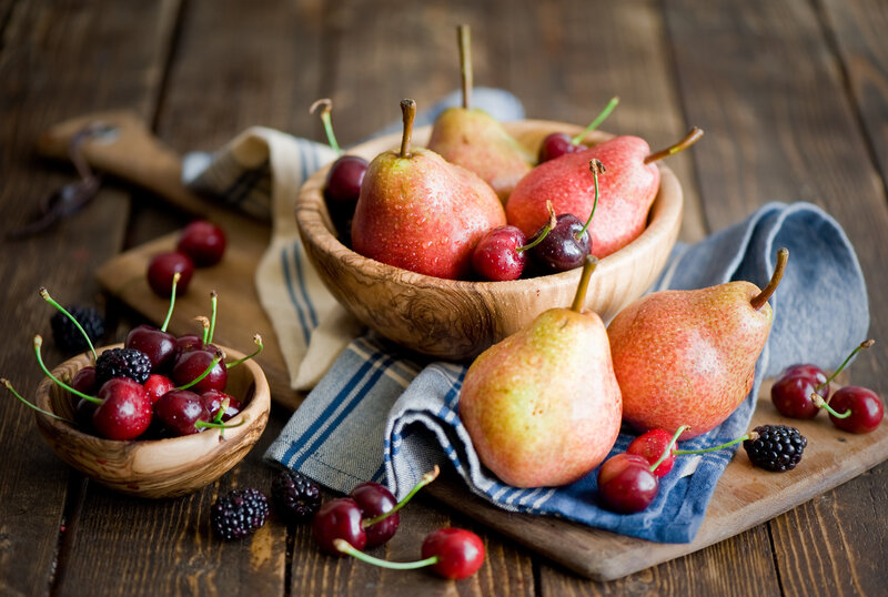 Pears and Cherries on Wood