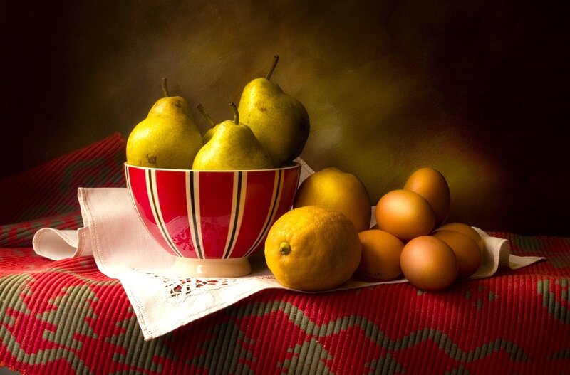 Pears and Eggs in Bowl