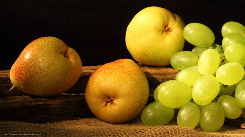 Pears and Grapes on Wood — Yellow, Dramatic, Photograph