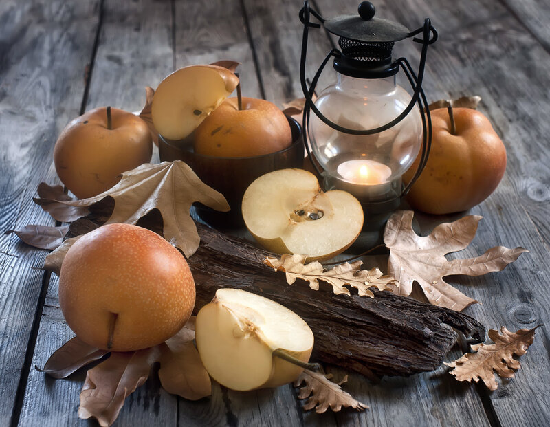 Pears and Leaves on Wood