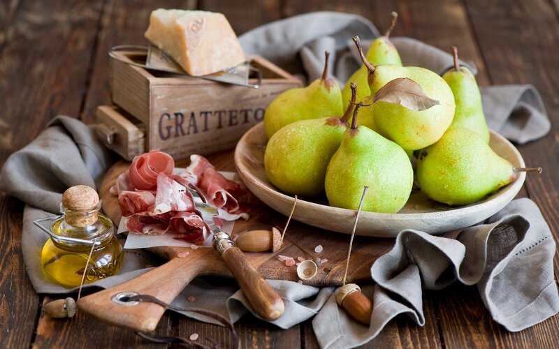 Pears and Prosciutto on Wood