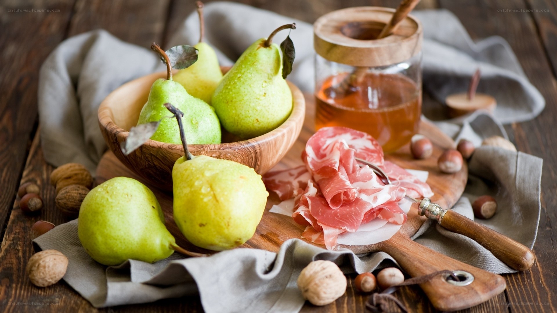 Pears, ham, and honey arrangement