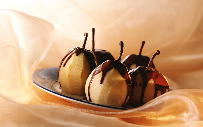 Pears with Chocolate Drizzle — Brown