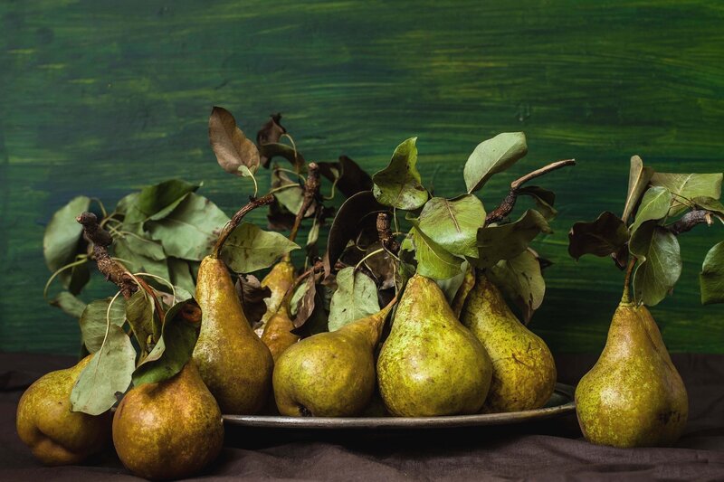 Pears with Leaves on Plate