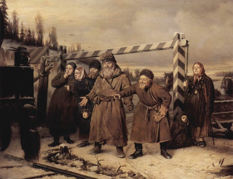Peasants at a railway crossing