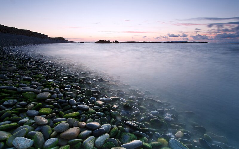 Pebble Beach at Dusk — Blue, Serene, Sunset, Photograph