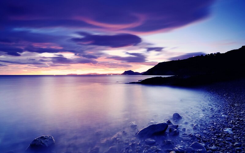 Pebble Beach at Dusk — Purple, Serene, Sunset
