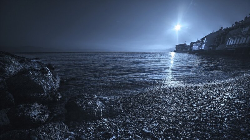 Pebble Beach at Night — Blue, Serene