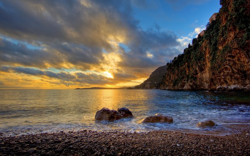Pebble Beach at Sunset — Blue, Dramatic, Photograph, Sea, Cliff, Clouds