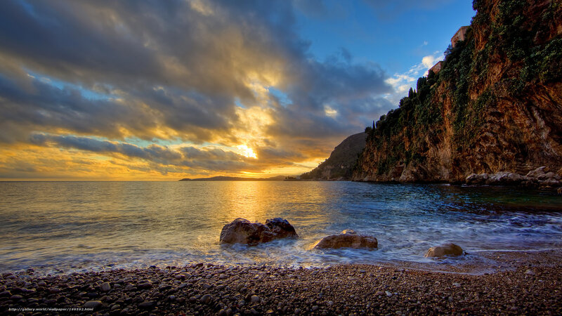 Pebble Beach at Sunset — Blue, Dramatic, Photograph, Sea, Cliff