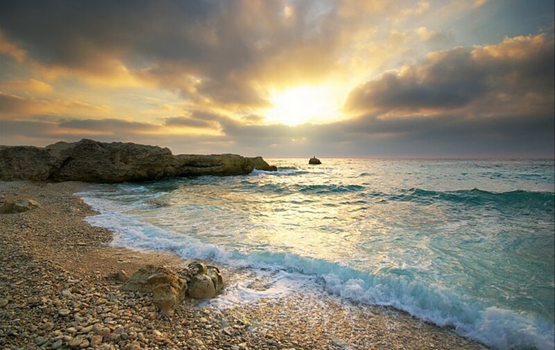Pebble Beach at Sunset — Blue, Dramatic, Photograph
