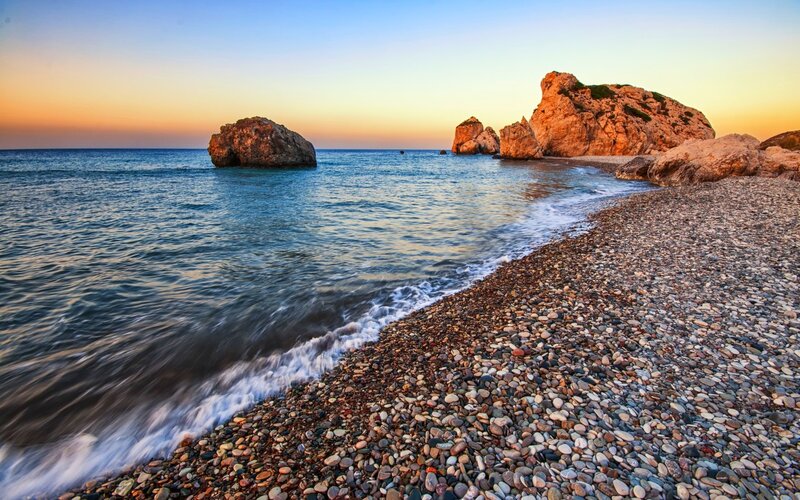 Pebble Beach at Sunset — Blue, Serene, Photograph, Ocean, Rocks