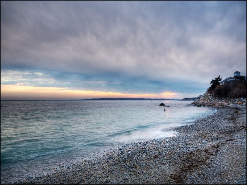 Pebble Beach at Sunset — Blue, Serene, Photograph, Ocean, Sky, Rocks, Gray