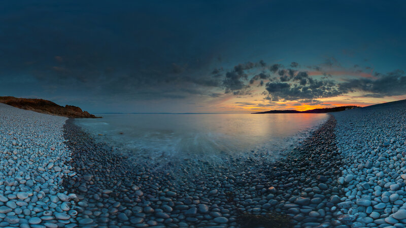 Pebble Beach at Sunset — Blue, Serene, Photograph, Ocean, Sky