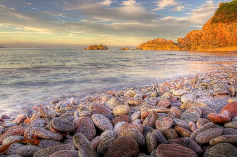 Pebble Beach at Sunset — Blue, Serene, Photograph, Ocean