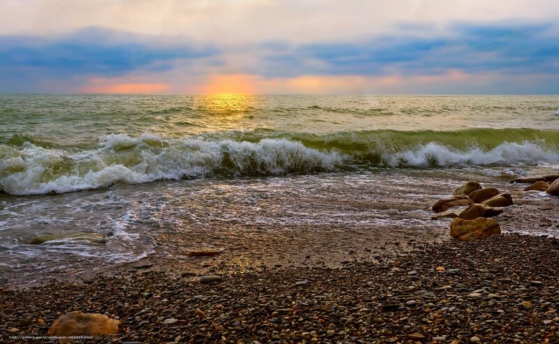Pebble Beach at Sunset — Blue, Serene, Photograph, Ocean, Waves