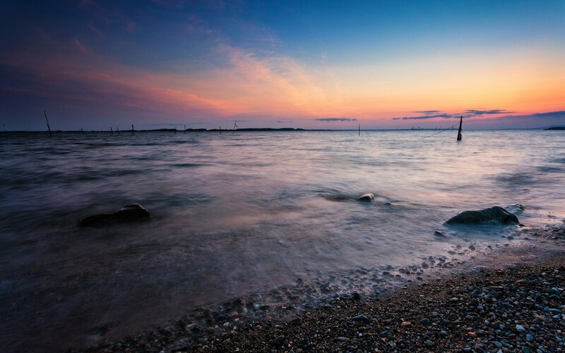 Pebble Beach at Sunset — Blue, Serene, Photograph, Rocks