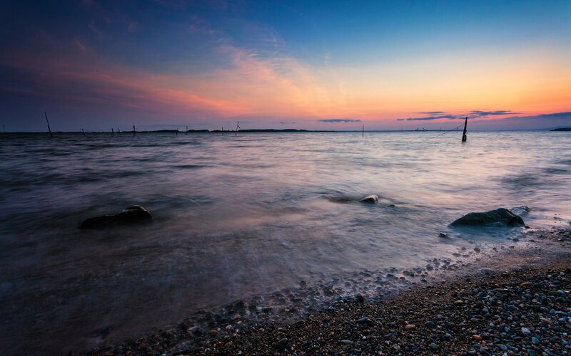 Pebble Beach at Sunset — Blue, Serene, Photograph, Sea