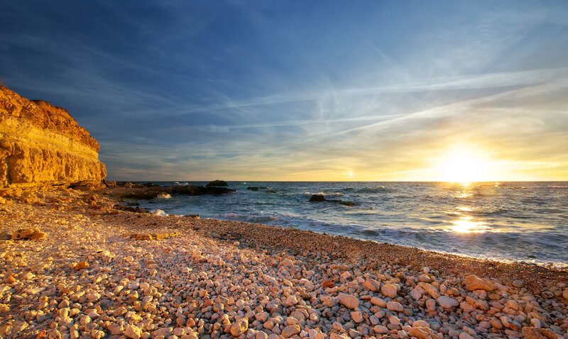 Pebble Beach at Sunset — Blue, Serene, Photograph