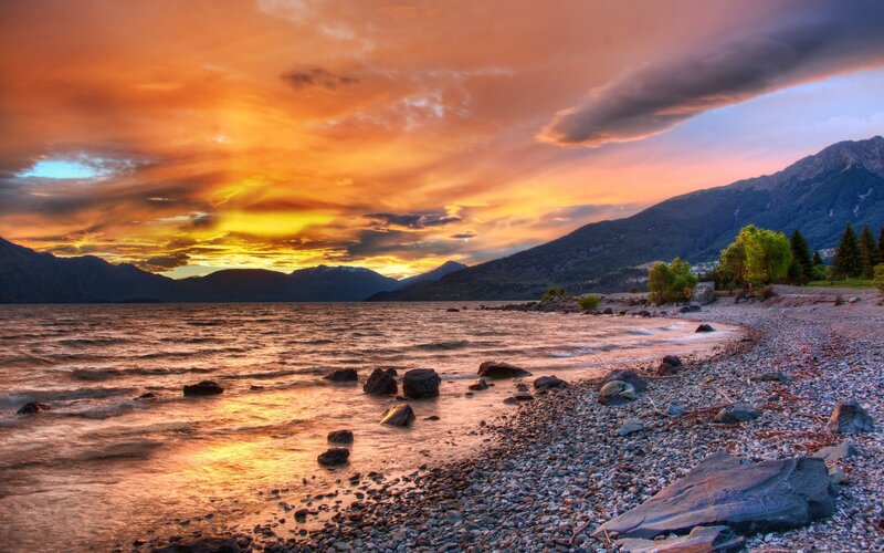 Pebble Beach at Sunset — Orange, Dramatic, Photograph, Lake