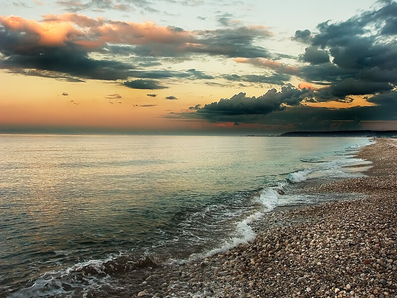Pebble Beach at Sunset — Orange, Dramatic, Photograph, Ocean