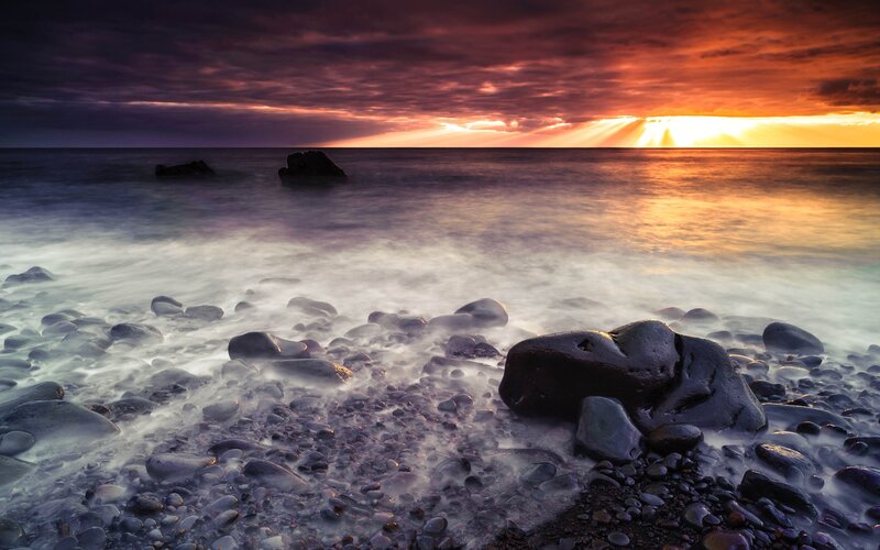 Pebble Beach at Sunset — Orange, Dramatic, Photograph, Rocks