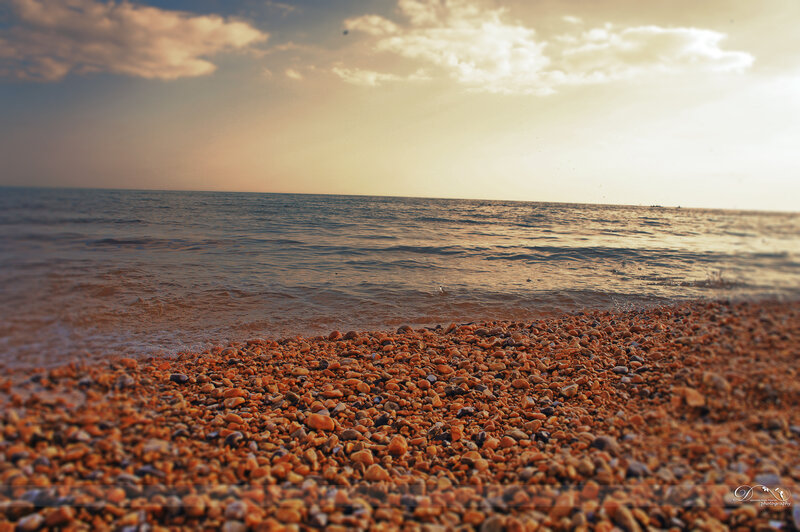 Pebble Beach at Sunset — Orange, Serene, Photograph, Ocean, Sky