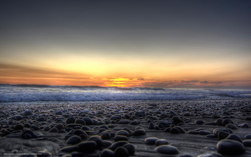 Pebble Beach at Sunset — Orange, Serene, Photograph, Ocean, Sky, Waves