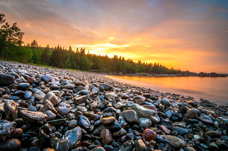 Pebble Beach at Sunset — Orange, Serene, Photograph, Trees