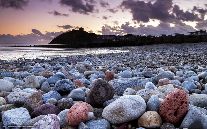 Pebble Beach at Sunset — Purple, Dramatic, Photograph, Castle, Sea
