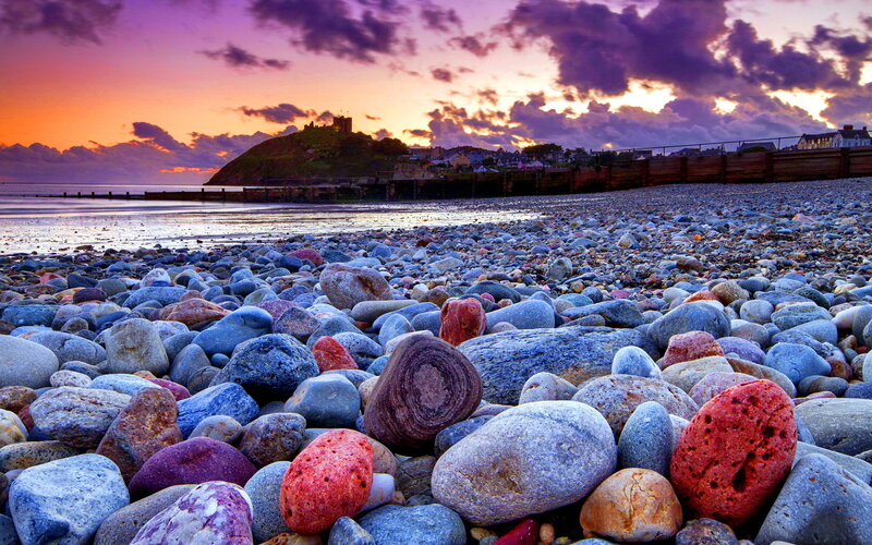 Pebble Beach at Sunset — Purple, Dramatic, Photograph, Castle