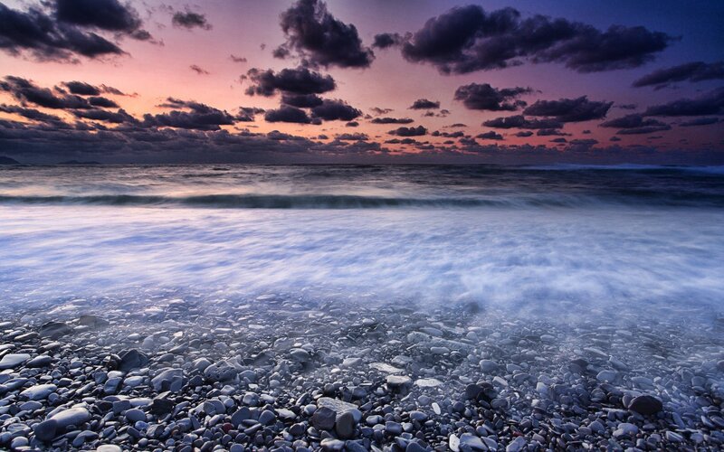Pebble Beach at Sunset — Purple, Dramatic, Photograph, Ocean, Clouds, Sky