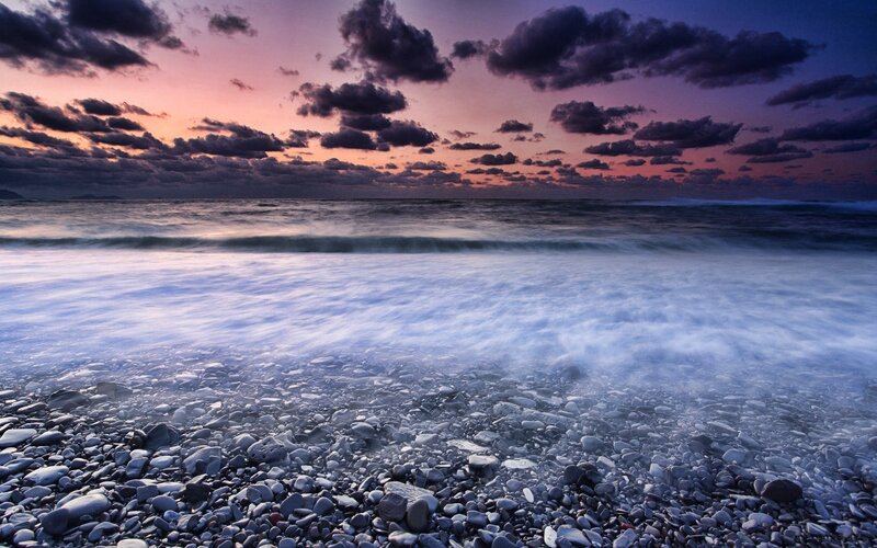 Pebble Beach at Sunset — Purple, Dramatic, Photograph, Ocean, Clouds