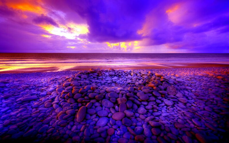 Pebble Beach at Sunset — Purple, Dramatic, Photograph, Ocean, Sky, Clouds