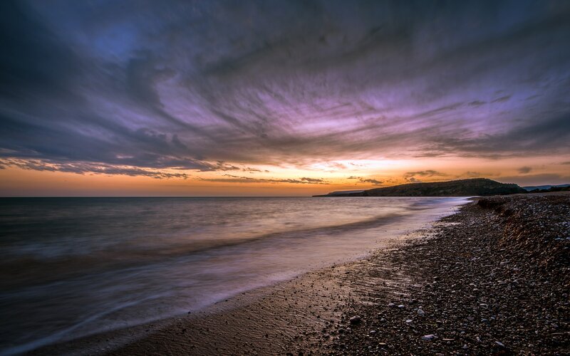 Pebble Beach at Sunset — Purple, Dramatic, Photograph, Ocean, Sky, Hills