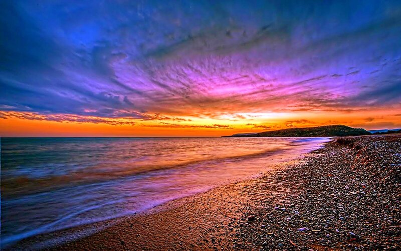Pebble Beach at Sunset — Purple, Dramatic, Photograph, Ocean, Sky