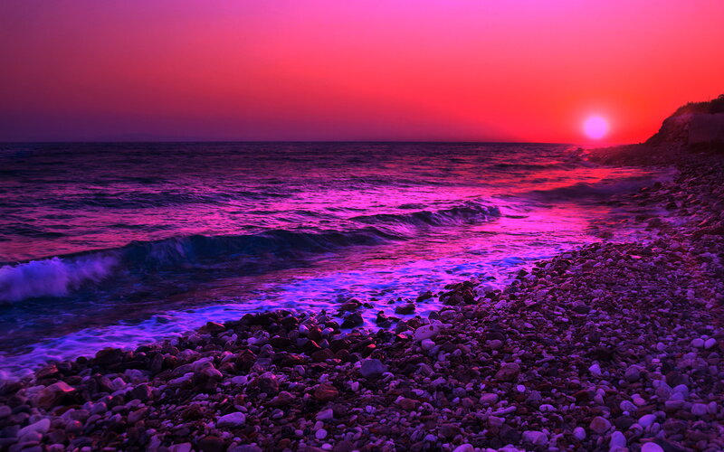 Pebble Beach at Sunset — Purple, Dramatic, Photograph, Ocean, Sun