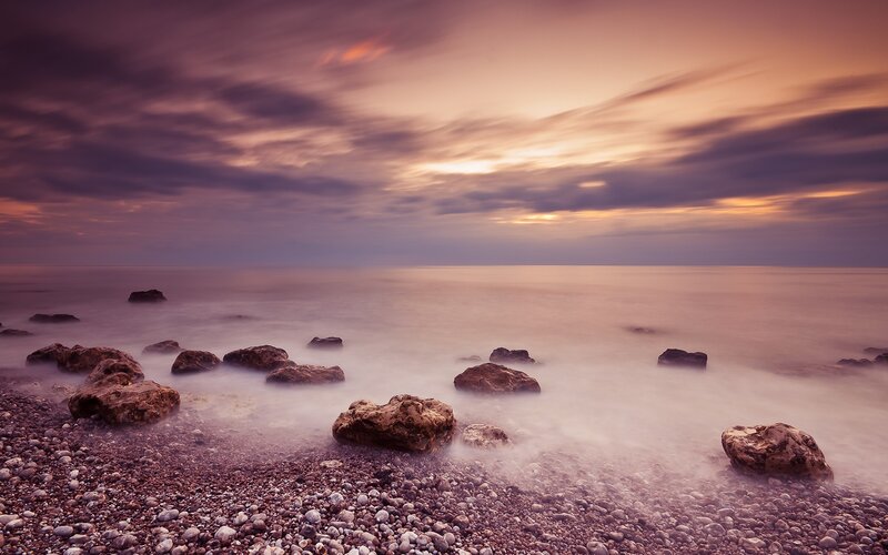 Pebble Beach at Sunset — Purple, Serene, Photograph, Rocks
