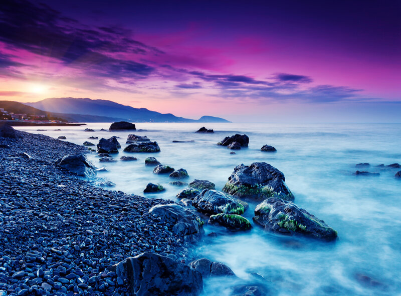 Pebble Beach at Sunset — Purple, Serene, Photograph