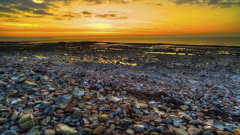 Pebble Beach at Sunset — Yellow, Serene, Photograph, Ocean, Sky