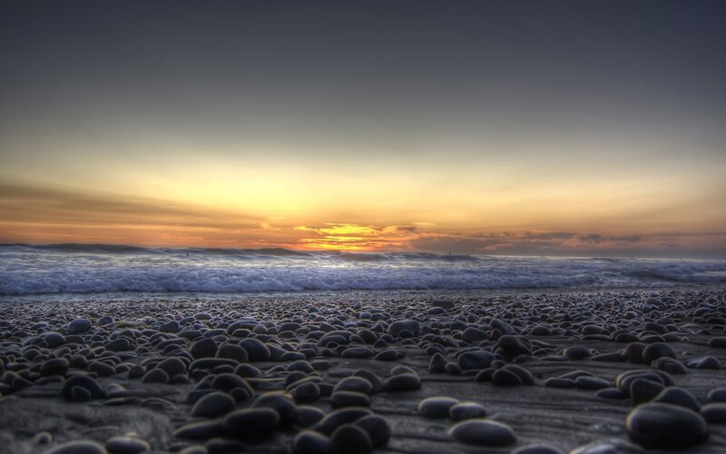 Pebble Beach at Sunset — Yellow, Serene, Photograph, Ocean, Sky, Waves