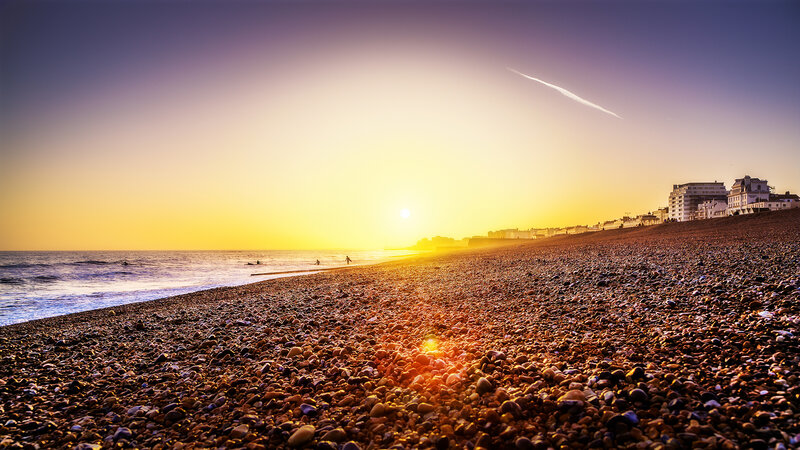 Pebble Beach at Sunset — Yellow, Serene, Photograph, Ocean
