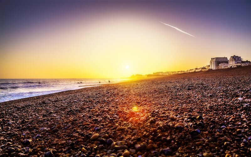 Pebble Beach at Sunset — Yellow, Serene, Photograph